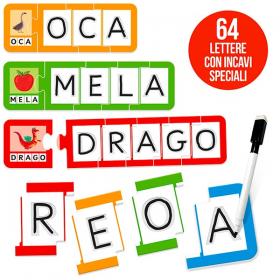 Lettere a incavo e tessere autocorrettive del gioco Il Giocalettere Headu per comporre parole